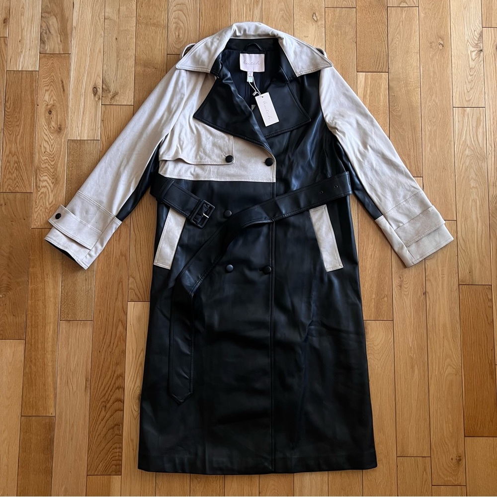 NWT Hutch Stasia Faux Leather Suede Trench Coat Colorblock Black Tan Size Small - Picture 5 of 14